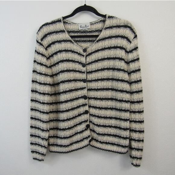 Reba Rose Medium Vintage 1990s Knitted Striped Cardigan Sweater Cotton Neutrals - Picture 1 of 6